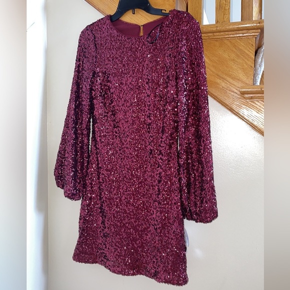 Women’s Formal Dress Sz 6, 10 Aqua Allover Sequin Long Sleeves Cocktail Red Gown - Picture 5 of 12